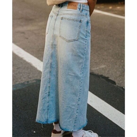 Parke Button Down Medium Wash Midi Maxi Denim Skirt Size XS - Picture 1 of 12